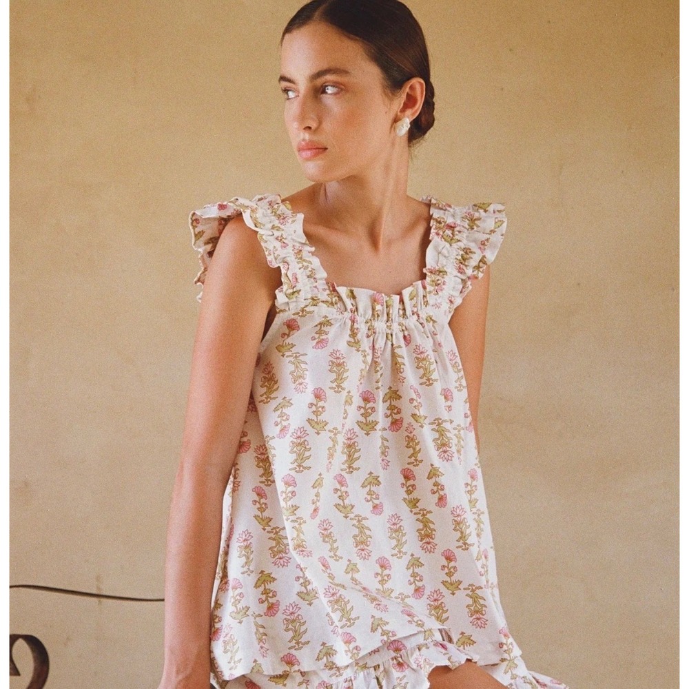 Piyama Nicolette Sleep Top Floral Block Print Ruffle Smocked Cotton SM Cottage